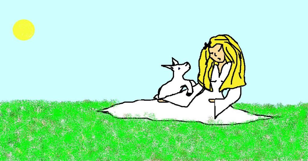Lamb and girl in field.