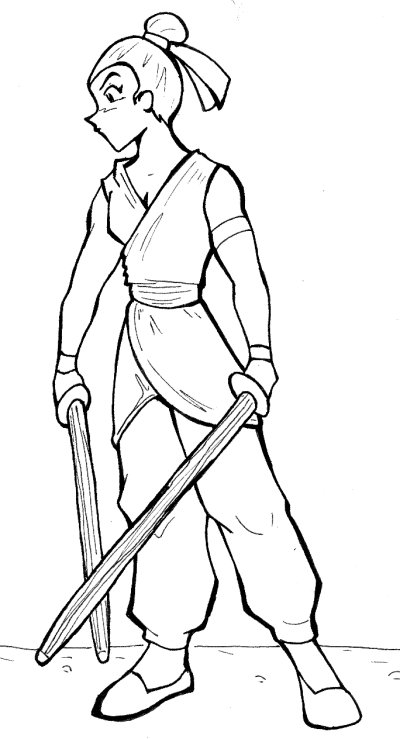 Lu Yi (Younger Lu Xun) w/ Two  (Badly Drawn) Wooden Swords