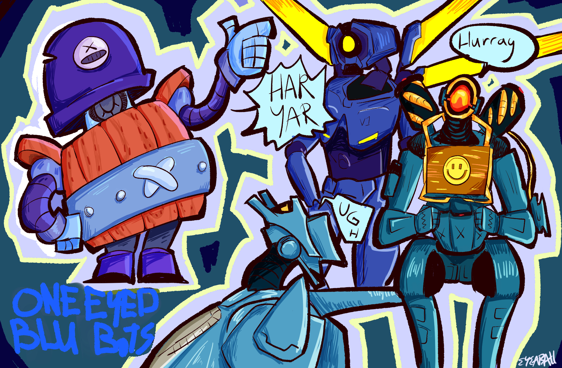 One eyed blue robots