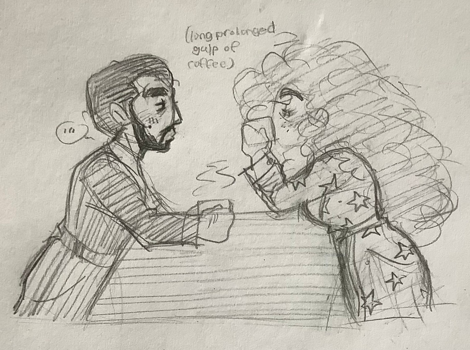 Martin GreyWhinder and Mari Faucher sip coffee together (2) (Harmony and Horror)