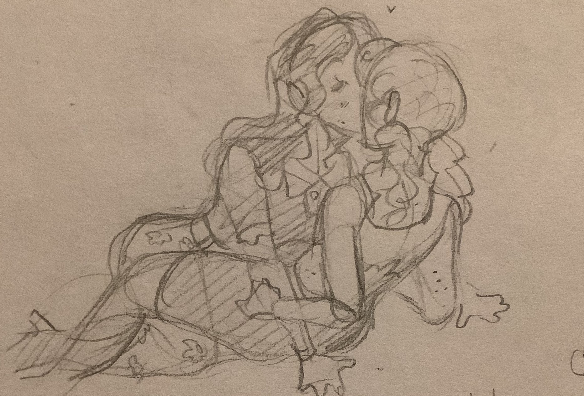 Teenage Mari Faucher/Gloria GreyWhinder kissing doodle (Harmony and Horror)