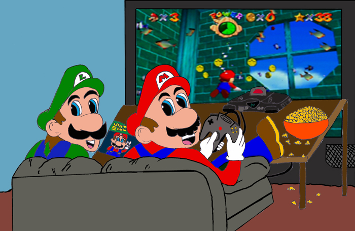 Mario and Luigi playing N64