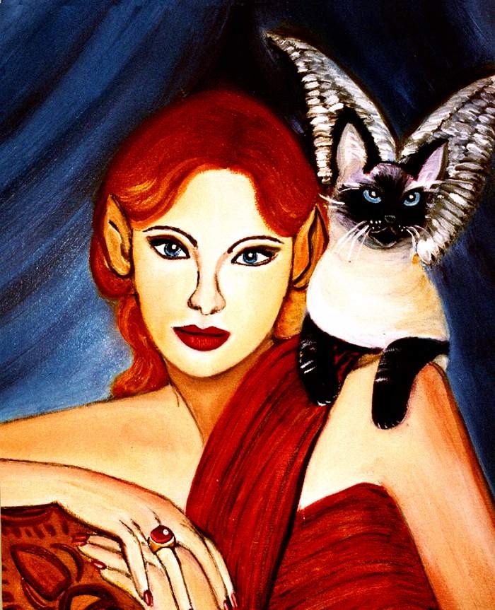 Sophisticated faerie and her winged Siamese cat companion