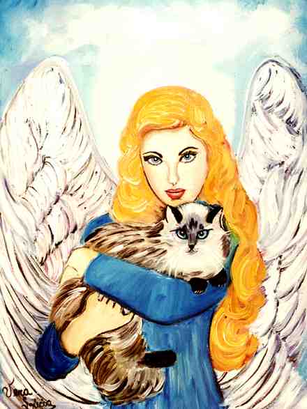 Angel holding Julius Cesar, the cat.