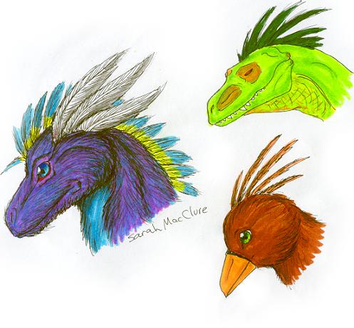 an aerinl, a bird and a bright green raptor.