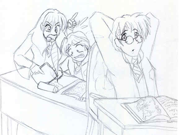 Hermione, Harry, and Ron Studying... sorta.