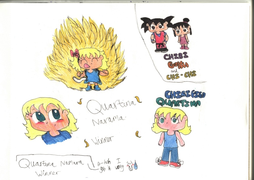 Toddler Quartina's power up, Chibified Quartina, Goku and Chi-Chi, and profile pic of Quartina.