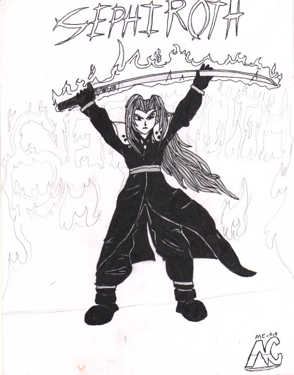Sephiroth Holds up his sword.