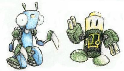 overly-cute mantis & battery robots