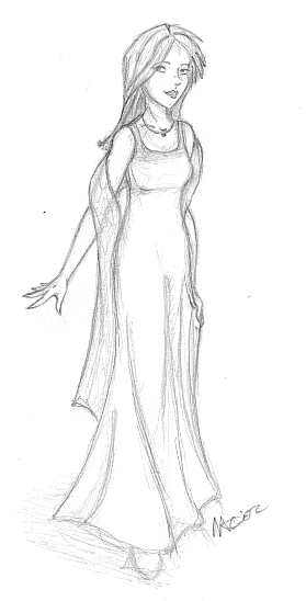 Vi, wearing a dress.